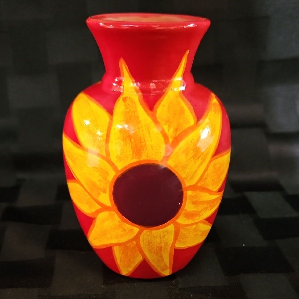 Vibrant Red Clay Redware Sunflower Ceramic Vase Hand Painted Folk Art